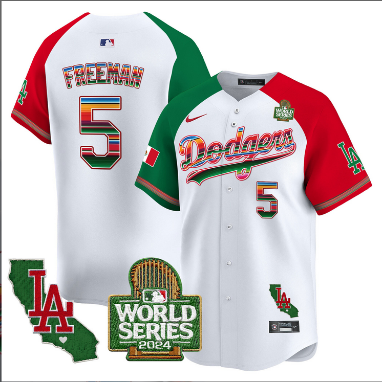 Men MLB Mexico Los Angeles Dodgers #5 Freeman white 2024 World Series Champions Patch Jersey 20241105 style 2